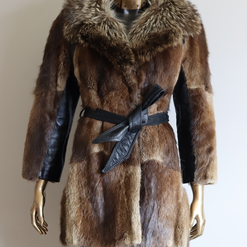 Vintage Natural real Muskrat Raccoon and leather coat.